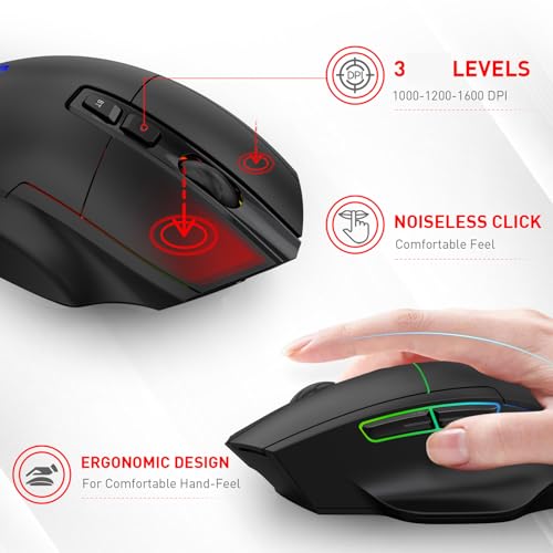RGB-Gaming-Maus, Kabellos, 2,4 G/BT Dual Wireless mit Leisem Klicken, 7 Tasten, RGB-Hintergrundbeleuchtung, 1000–1600 DPI, 500 MAh, für Gaming-Arbeiten Bild 6