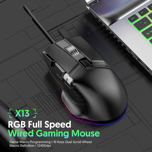 RGB-Gaming-Maus mit Kabel, Ergonomisches Design, 11 Programmierbare Tasten, Zwei Scrollräder, 7 Dynamische RGB-Lichteffekte, 1200–12400 DPI Bild 3