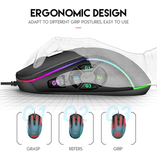 Kabelgebundene Gaming-Maus, 10 Makroprogrammierbare Tasten, 6 DPI-Stufen (800–12800), 14 Dynamische RGB-Effekte, Geflochtenes Kabel für PC-Laptop-Gaming Bild 5