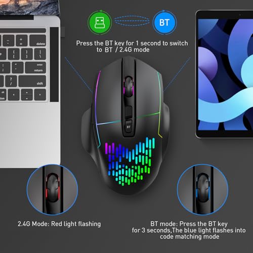 Kabellose RGB-Gaming-Maus, 2,4 G Bluetooth Dual-Modus, Geräuschlose Tasten, Wiederaufladbarer 500-mAh-, 7 Tasten, 1000/1200/1600 Einstellbare DPI Bild 3