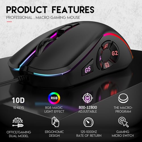 Kabelgebundene Gaming-Maus, 800–12800, 6 Einstellbare DPI-Stufen, 10 Programmierbare Tasten, 14 RGB-Hintergrundbeleuchtungsmodi, Leicht, Ergonomisch, für Laptop, PC Bild 2