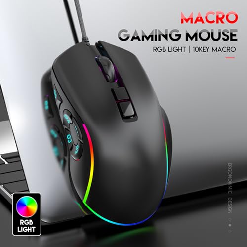 Kabelgebundene Gaming-Maus, 800–12800, 6 Einstellbare DPI-Stufen, 10 Programmierbare Tasten, 14 RGB-Hintergrundbeleuchtungsmodi, Leicht, Ergonomisch, für Laptop, PC Bild 3