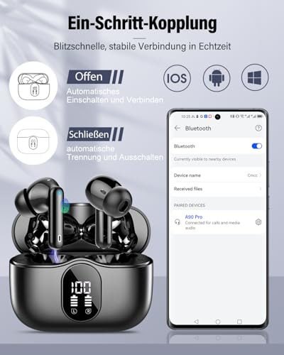 Btootos Bluetooth Kopfhörer, Kopfhörer Kabellos Bluetooth 5.4 mit App Sport In Ear Kopfhörer, Wireless Earbuds 40 Std Spielzeit, LED Ladecase, ENC Mic, Tiefer Bass Ohrhörer für IOS/Android (Schwarz) Bild 7