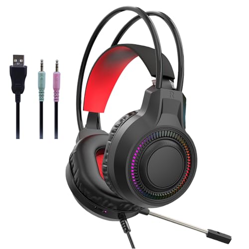 Ear Headset mit RGB Beleuchtung, 40 mm verstärkter Bass, abnehmbares Mikrofon, weiche Memory Schaum Ohrpolster, Verstellbarer Kopfbügel für Gaming, Mikrofone mit Geräuschunterdrückung Bild 1