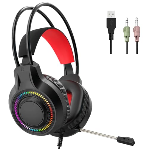 Ear Headset mit RGB Beleuchtung, 40 mm verstärkter Bass, abnehmbares Mikrofon, weiche Memory Schaum Ohrpolster, Verstellbarer Kopfbügel für Gaming, Mikrofone mit Geräuschunterdrückung Bild 3