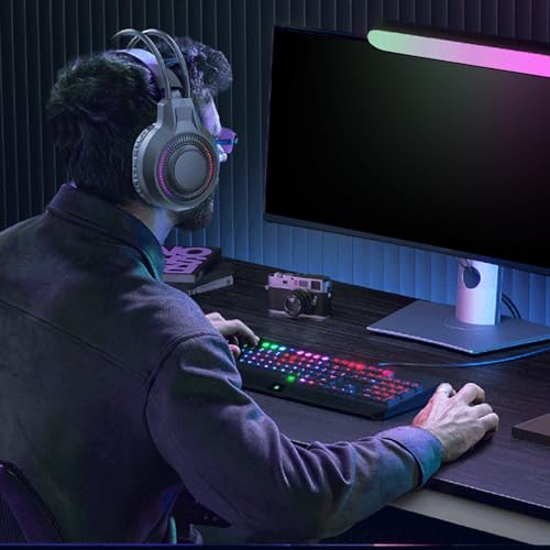 Ear Headset mit RGB Beleuchtung, 40 mm verstärkter Bass, abnehmbares Mikrofon, weiche Memory Schaum Ohrpolster, Verstellbarer Kopfbügel für Gaming, Mikrofone mit Geräuschunterdrückung Bild 4
