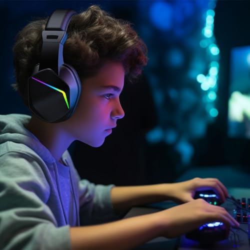 Asixxsix Kabelloses Gaming-Headset, 2,4 GHz Bluetooth 5.4 RGB-Licht mit Mikrofon mit Geräuschunterdrückung, 40-Stunden-, 40-mm-Treiber, Extrem Niedrige Latenz für PC-Smartphones, Tablets, (Black) Bild 2