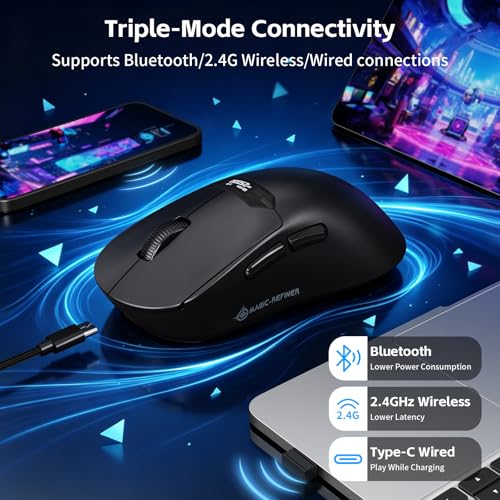 A.JAZZxMagic-Refiner R1 Gaming-Maus mit magnetischer Ladestation, OMRON-Schalter, PixArt PAW3311 Sensor, BT/2,4G Kabellos/Kabelgebunden mit Bildschirmanzeige, 25000DPI Maus für Büro und Gamer,Schwarz Bild 2