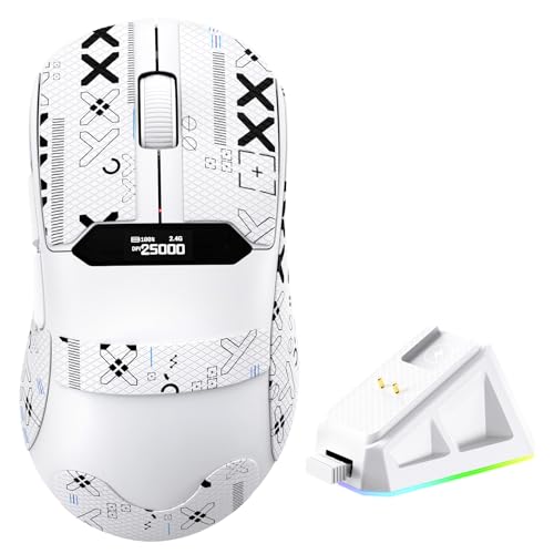 MAGIC-REFINER R1 Kabellose Gaming-Maus mit RGB Magnet-Ladestation, PAW3311 Gaming-Sensor, 25000DPI, BT/2.4G Kabellos/Kabelgebunden mit Griffband, Digitalanzeige, Web-Treiber für PC/Mac-Weiß Bild 1