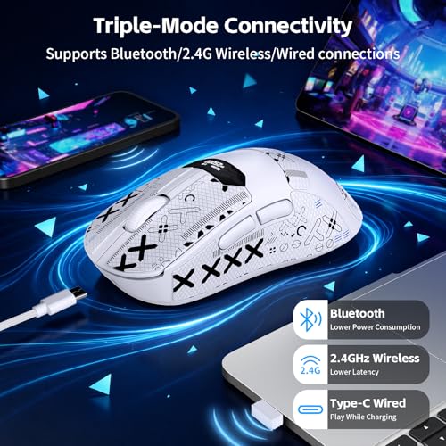 MAGIC-REFINER R1 Kabellose Gaming-Maus mit RGB Magnet-Ladestation, PAW3311 Gaming-Sensor, 25000DPI, BT/2.4G Kabellos/Kabelgebunden mit Griffband, Digitalanzeige, Web-Treiber für PC/Mac-Weiß Bild 2