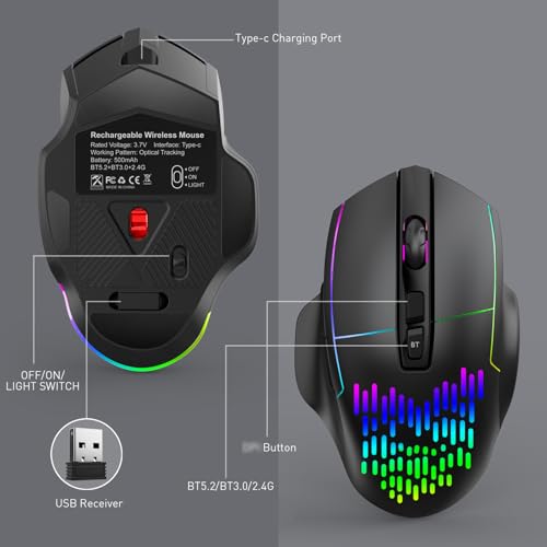 VBESTLIFE Kabellose RGB-Gaming-Maus für PC-Laptop-Gaming, mit 7 Leisen Tasten, 500-mAh-Akkus, Langlebig, RGB-Beleuchtung, 2,4 G/BT-Modi Bild 7