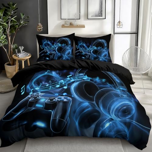 Bettwäsche 180 x 200 cm & 2 Kissenbezüge 80x80 cm, weiches Bettwäsche-Set mit Reißverschluss & Wendebettwäsche Minimalistisch Gaming Headset Musiknote Schwarz, bügelfrei und hautfreundlich für Kinder Bild 1