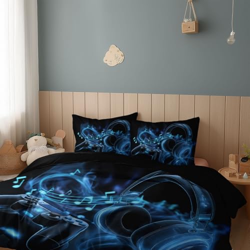 Bettwäsche 180 x 200 cm & 2 Kissenbezüge 80x80 cm, weiches Bettwäsche-Set mit Reißverschluss & Wendebettwäsche Minimalistisch Gaming Headset Musiknote Schwarz, bügelfrei und hautfreundlich für Kinder Bild 3