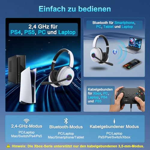 Wireless Gaming Headset, 2.4GHz Bluetooth 6.0 Headset mit Mikrofon für PS5, PS4, PC, Switch, Gaming Kopfhörer Kabellos USB Dongle, Geringe Latenz Noise Cancelling, mit RGB LED Licht, MFB Call Mute Bild 2