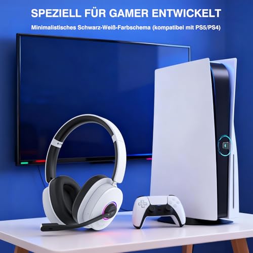 Wireless Gaming Headset, 2.4GHz Bluetooth 6.0 Headset mit Mikrofon für PS5, PS4, PC, Switch, Gaming Kopfhörer Kabellos USB Dongle, Geringe Latenz Noise Cancelling, mit RGB LED Licht, MFB Call Mute Bild 4