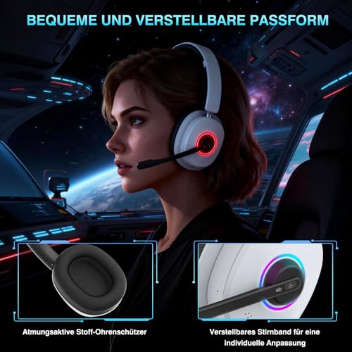 Wireless Gaming Headset, 2.4GHz Bluetooth 6.0 Headset mit Mikrofon für PS5, PS4, PC, Switch, Gaming Kopfhörer Kabellos USB Dongle, Geringe Latenz Noise Cancelling, mit RGB LED Licht, MFB Call Mute Bild 5