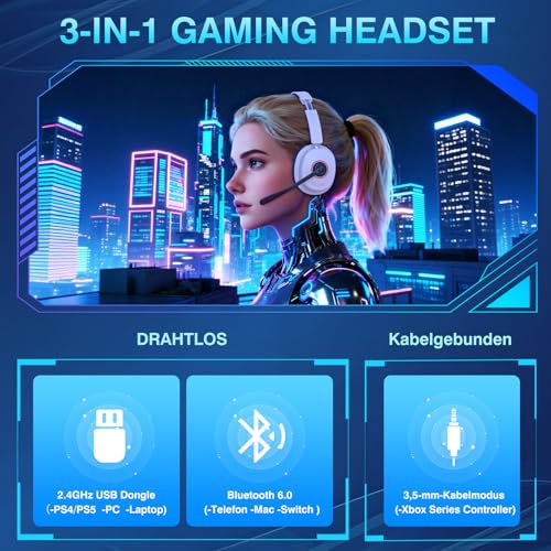 Wireless Gaming Headset, 2.4GHz Bluetooth 6.0 Headset mit Mikrofon für PS5, PS4, PC, Switch, Gaming Kopfhörer Kabellos USB Dongle, Geringe Latenz Noise Cancelling, mit RGB LED Licht, MFB Call Mute Bild 6