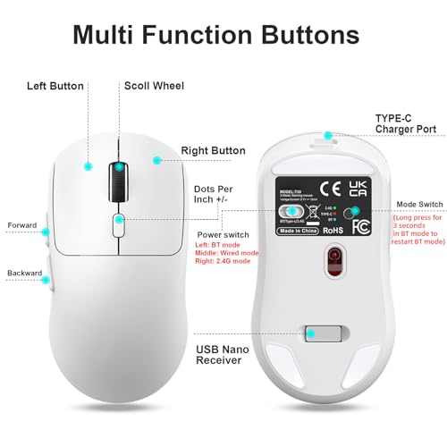 Fockety Gaming-Maus, 6400 DPI, 3 Modi, kabelgebunden, 2,4 GHz, BT 5.4, wiederaufladbare, ergonomische Computermaus mit 6 Tasten, integrierter INST S203-Chip, 60 Stunden Betriebszeit (T30 Weiß) Bild 7