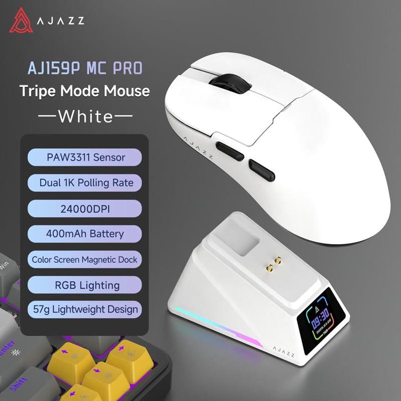A.JAZZ AJ159PMCPRO Kabellose Gaming-Maus mit RGB-Ladedock, 57g Superlight, Tri-Mode Bluetooth/2.4G/USB-Kabel, Optischer PixArt PAW3311 Sensor mit 24.000 DPI – für PC/Mac/Win11/PS - Weiß Bild 2