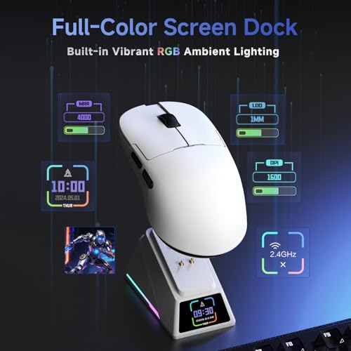 A.JAZZ AJ159PMCPRO Kabellose Gaming-Maus mit RGB-Ladedock, 57g Superlight, Tri-Mode Bluetooth/2.4G/USB-Kabel, Optischer PixArt PAW3311 Sensor mit 24.000 DPI – für PC/Mac/Win11/PS - Weiß Bild 5