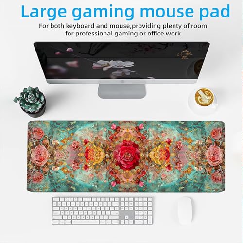 Mauspad, Mousepad XXL 1500 x 800 mm Großes Schreibtischunterlage Rote Blumen, Vernähter Rand, rutschfest Ieise Mauspad Gaming, für Gaming Büro Office Home, Mouse Pad -alle Maus Arten C0P-755 Bild 2
