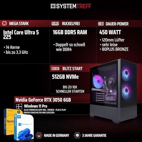 SYSTEMTREFF Basic Gaming Komplett PC Set Intel Core Ultra 5 225 6x3.3GHz | Nvidia RTX 3050 6GB | 512GB M.2 NVMe | 16GB DDR5 RAM | Windows 11 | 27 TFT Monitor | Desktop Paket Computer für Gamer Bild 2