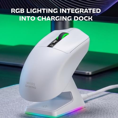 Mars Gaming MMW-Elite, Kabellose Gaming-Maus, Bluetooth 5.4 + 2.4GPRO + Kabel, Optischer Sensor PixArt PAW3311PRO 20000 DPI, Leicht 69g, 6 Tasten, OLED-Display, Magnetische RGB-Ladestation, Weiß Bild 3