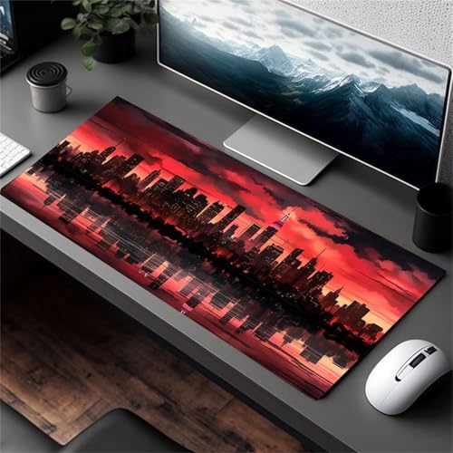 Mauspads, Mauspad „Rot-Schwarze Stadtreflexionen“ mit genähten Kanten, Rutschfester Unterseite, ideal for Tastatur, Maus und Gaming im Homeoffice(700x400x3mm) Bild 1