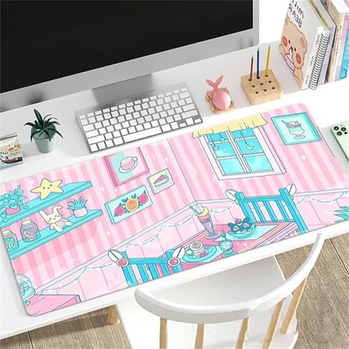 Mauspad, Blau-Pinke Cartoon-Mausmatte mit genähten Kanten, Rutschfester Unterseite, ideal for Tastatur, Maus und Gaming im Homeoffice(700x300x2mm) Bild 1