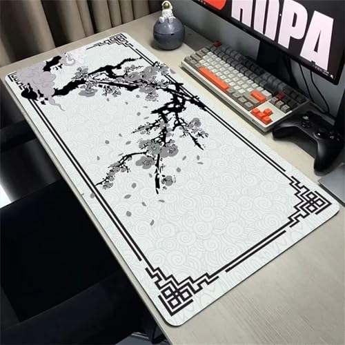 Schwarze und graue Mausmatte mit Blumenmuster, genähten Kanten Rutschfester Unterseite for Tastatur, Maus Gaming im Homeoffice(800x300x3mm) Bild 1