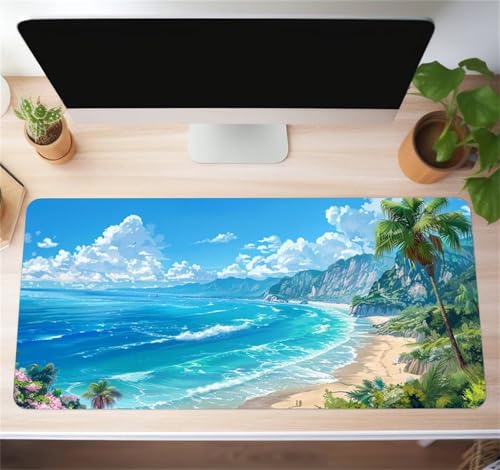 Mauspad mit Blauer Meereslandschaft, vernähten Kanten und Rutschfester Unterseite for Tastatur, Maus Homeoffice, Gaming Arbeit(1000x500x3mm) Bild 1