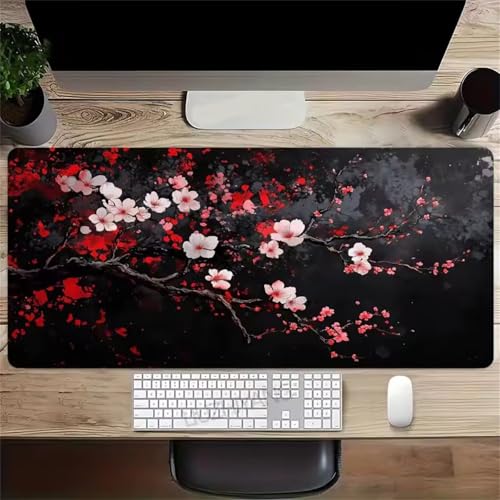 Mauspad mit rot-schwarz-pinken Blumenmuster, genähten Kanten und Rutschfester Unterseite for Tastatur, Maus Homeoffice, Gaming Arbeit(700x300x3mm) Bild 1