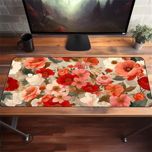 Rot-beige Matte mit Blumenmuster, genähten Kanten, Rutschfester Unterseite, ideal for Tastatur, Maus und Gaming im Homeoffice(1200x600x3mm) Bild 1