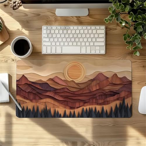 Braune, abstrakte Berglandschaft-Mausmatte mit genähten Kanten, Rutschfester Unterseite, ideal for Tastatur, Maus und Homeoffice, Gaming Arbeit(900x400x2mm) Bild 1