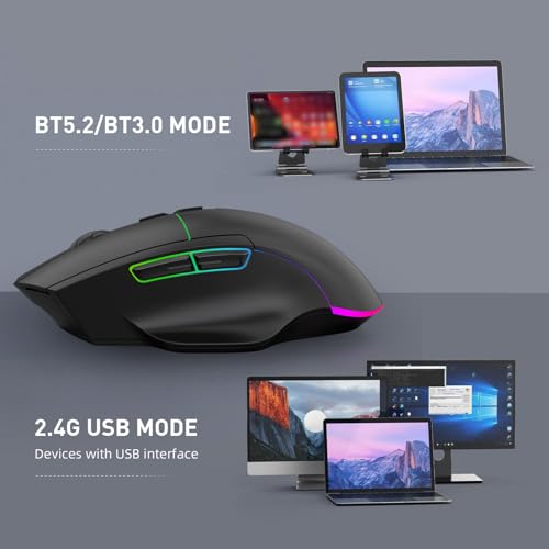 VBESTLIFE Kabellose Gaming-Maus mit RGB-Beleuchtung, Geräuschlosen Tasten, 500-mAh-Akkus, 7 Tasten, 2,4-GHz-/Bluetooth-Modus, Einstellbarer DPI-Zahl 1000-1200-1600 Bild 3