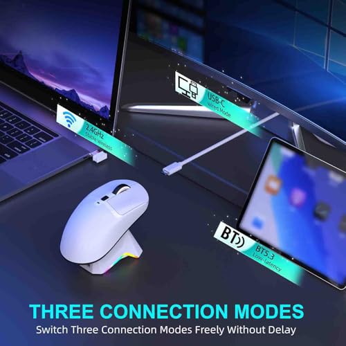 XUMIUZIY Gaming Maus, Kabelgebunden, 2,4 GHz, Bluetooth 5.3, Leichte Maus mit Ladestation, Hochpräziser, Programmierbarer Sensor für Büro, Zuhause, PC, Laptop (White) Bild 3