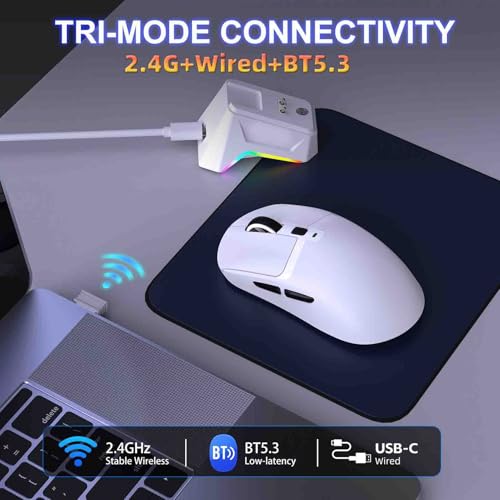 XUMIUZIY Gaming Maus, Kabelgebunden, 2,4 GHz, Bluetooth 5.3, Leichte Maus mit Ladestation, Hochpräziser, Programmierbarer Sensor für Büro, Zuhause, PC, Laptop (White) Bild 6
