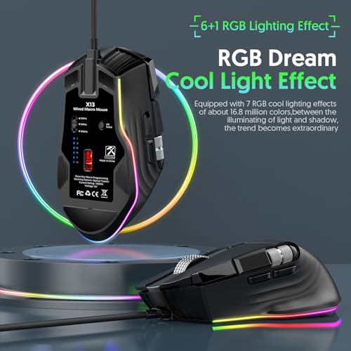 XUMIUZIY RGB Gaming Maus mit Kabel, 1200–12400 DPI, Zwei Scrollräder, 7 Beleuchtungsmodi, Makroprogrammierung, Ergonomisches Design für Laptop und PC Bild 4