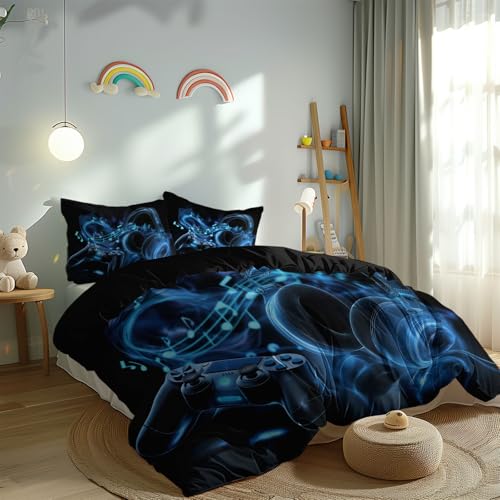 Surreal Gaming-Stil Headset Game-Controller Bettwäsche 200 x 200 cm Für Kinder Jungen Teenager Erwachsene Bettbezug Hohe Qualität Bettwäsche-Set mit Reißverschluss Weich, Atmungsaktiv Schwarz Bild 3