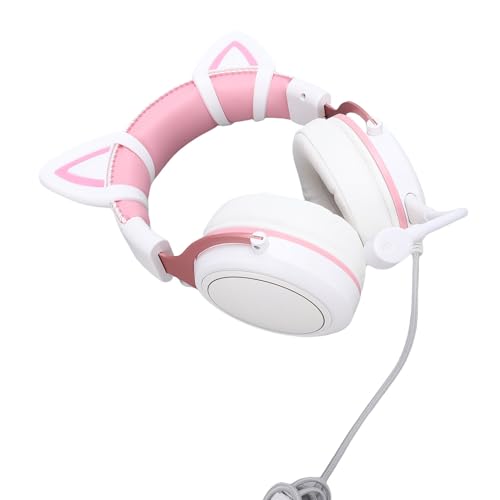 Aramox Headset, Kabelgebunden, Over-Ear-Kopfhörer mit Mikrofon, 50-mm-Treiber, RGB-Licht, ABS-Aluminium, für PC, Laptop, Mädchen und Frauen, Weiß (PINK) Bild 3