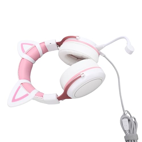 Aramox Headset, Kabelgebunden, Over-Ear-Kopfhörer mit Mikrofon, 50-mm-Treiber, RGB-Licht, ABS-Aluminium, für PC, Laptop, Mädchen und Frauen, Weiß (PINK) Bild 4