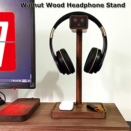 MRKU Kopfhörerständer mit Haken, Schreibtischhalterung aus Walnussholz, Gaming-Display-Regal, universell einsetzbar mit Ablagefach – Walnuss Bild 3