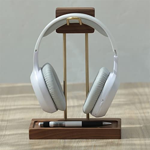 MRKU Kopfhörerständer mit Haken, universelles Kopfhörer-Displayregal aus Holz für Gaming-Displays – Walnuss + Messing Bild 2