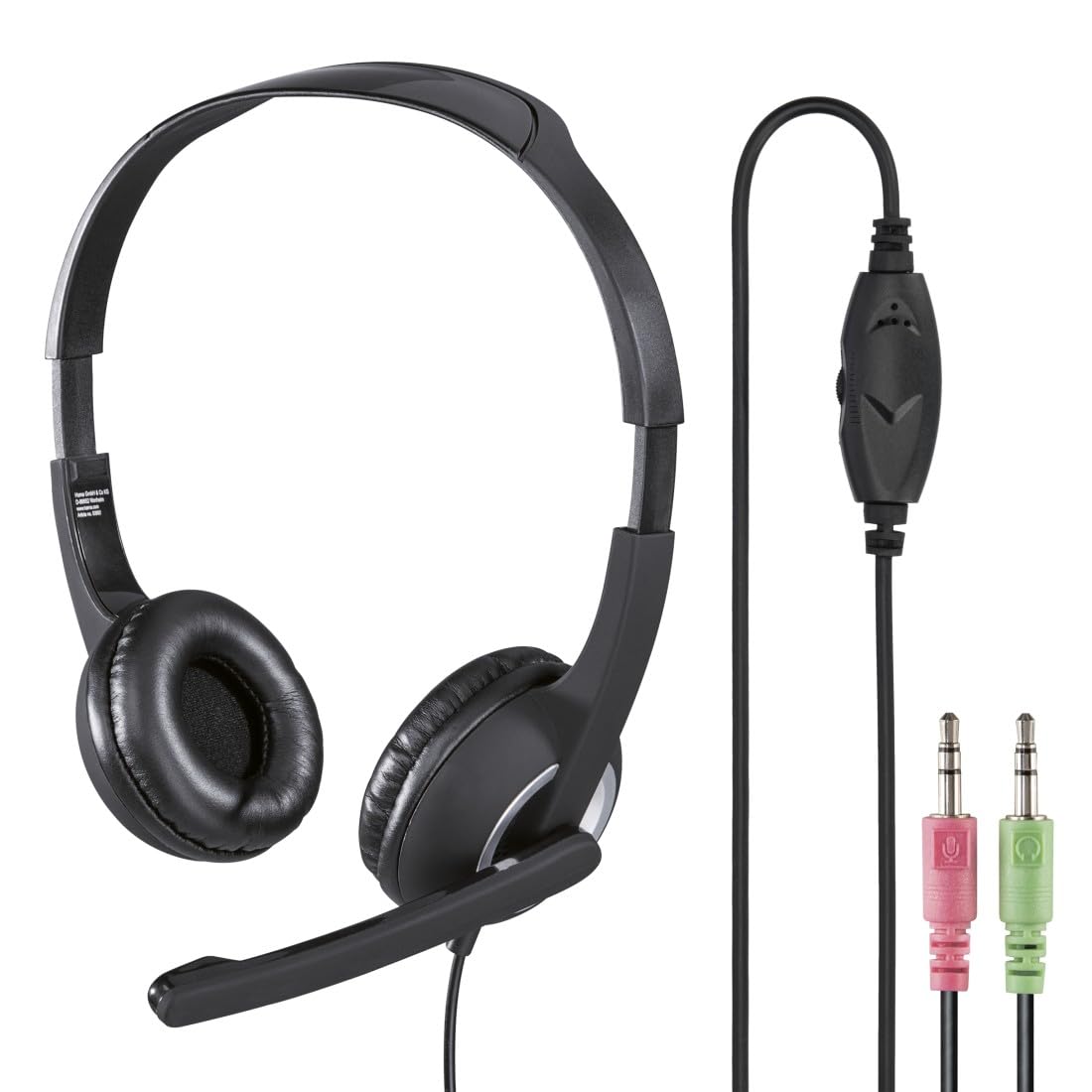 Hama PC Headset mit Mikrofon (Ultra leichte Kopfhörer, On-Ear Ohrhörer, gepolsterte Ohrmuscheln, Stereo, Computer-Kopfhörer mit Lautstärkeregler am Kabel, 2 m Kabellänge, 3,5 mm Klinke) schwarz