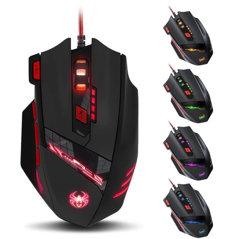 Zelotes T90 Qualität multi-modes LED-Lichtern, 9200 DPI Kabelgebundene USB-Gaming-Maus Computer-Mäuse für PC, Gewicht Tuning Set, Mac, 8 Tasten (schwarz)