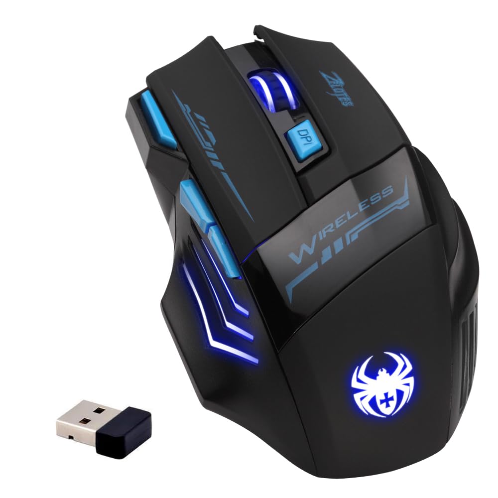 zelotes Kabellose Maus,4 DPI Einstellbar,7 Tasten,Energieeinsparung,2,4 GHz mit USB Empfänger,LED Beleuchtung,Ergonomisches Design,Gaming Maus Kabellos Funkmaus für PC, Mac, Laptop,Schwarz