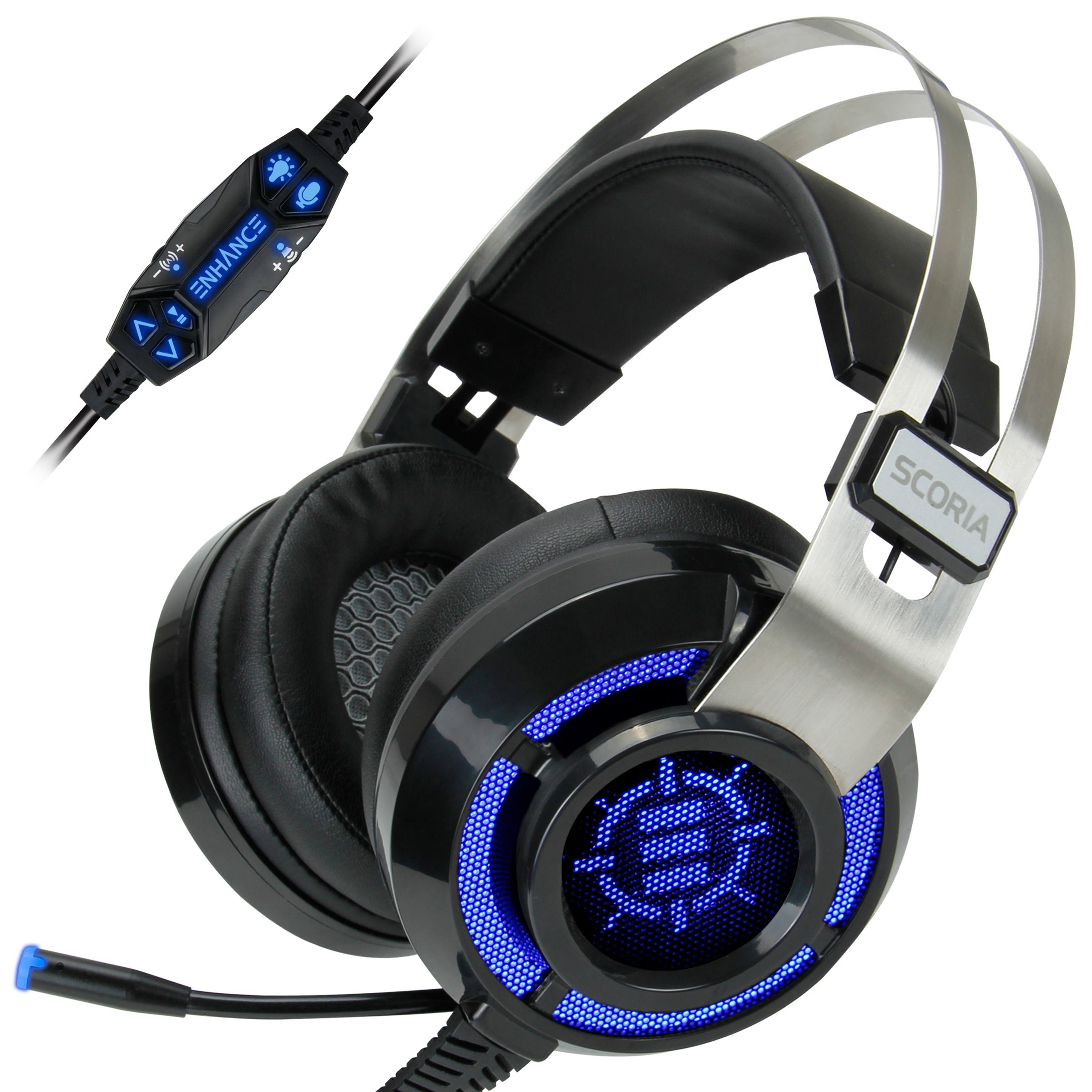 ENHANCE Scoria Headset mit Mikrofon mit 7.1 Surround-Sound - Gaming Headset, Bassvibration, Einstellbarer LED-Beleuchtung, Lautstärkeregelung und Einziehbarem Mikrofon - PS5, PS4, PC