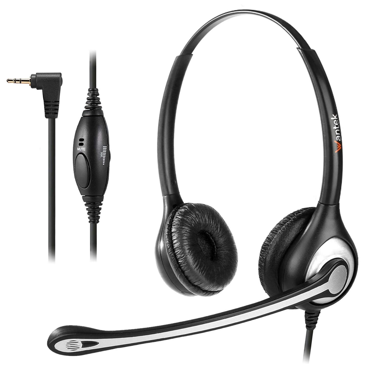 Wantek 2,5mm Telefon Headset Dual mit Noise Cancelling Mikrofon und Volume Mute Control