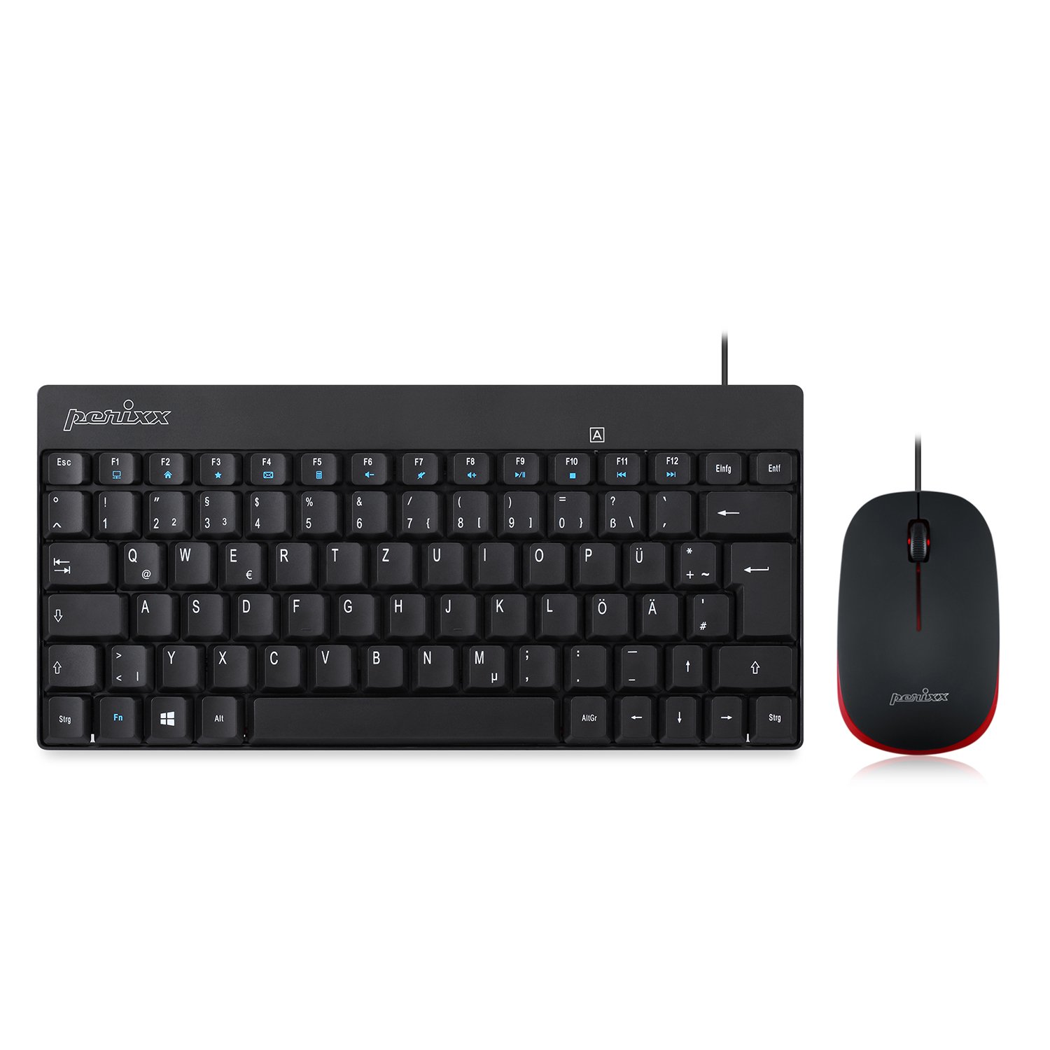 Perixx PERIDUO-212 DE, Kompaktes Mini Tastatur und Maus Set, USB-Kabel, Schwarz, Deutsches Layout