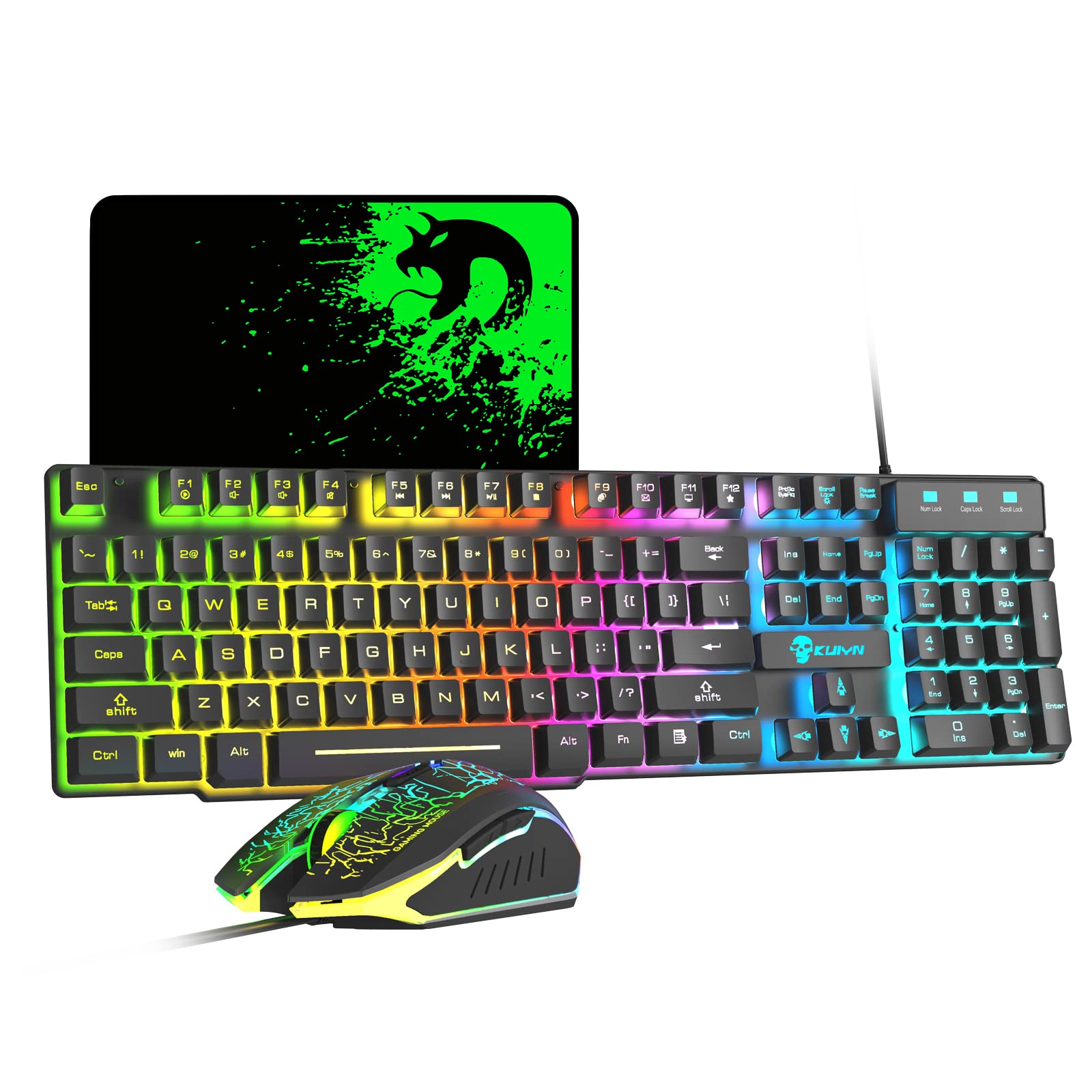 Kabelgebundenes Gaming-Tastatur- und -Maus-Set 12 RGB-Beleuchtungsmodus 104 Tasten Vollständige Anti-Ghosting-Beleuchtung Tastatur 2400 DPI 6-Tasten-USB-optische Spielmaus Mousepad-kompatibel Schwarz